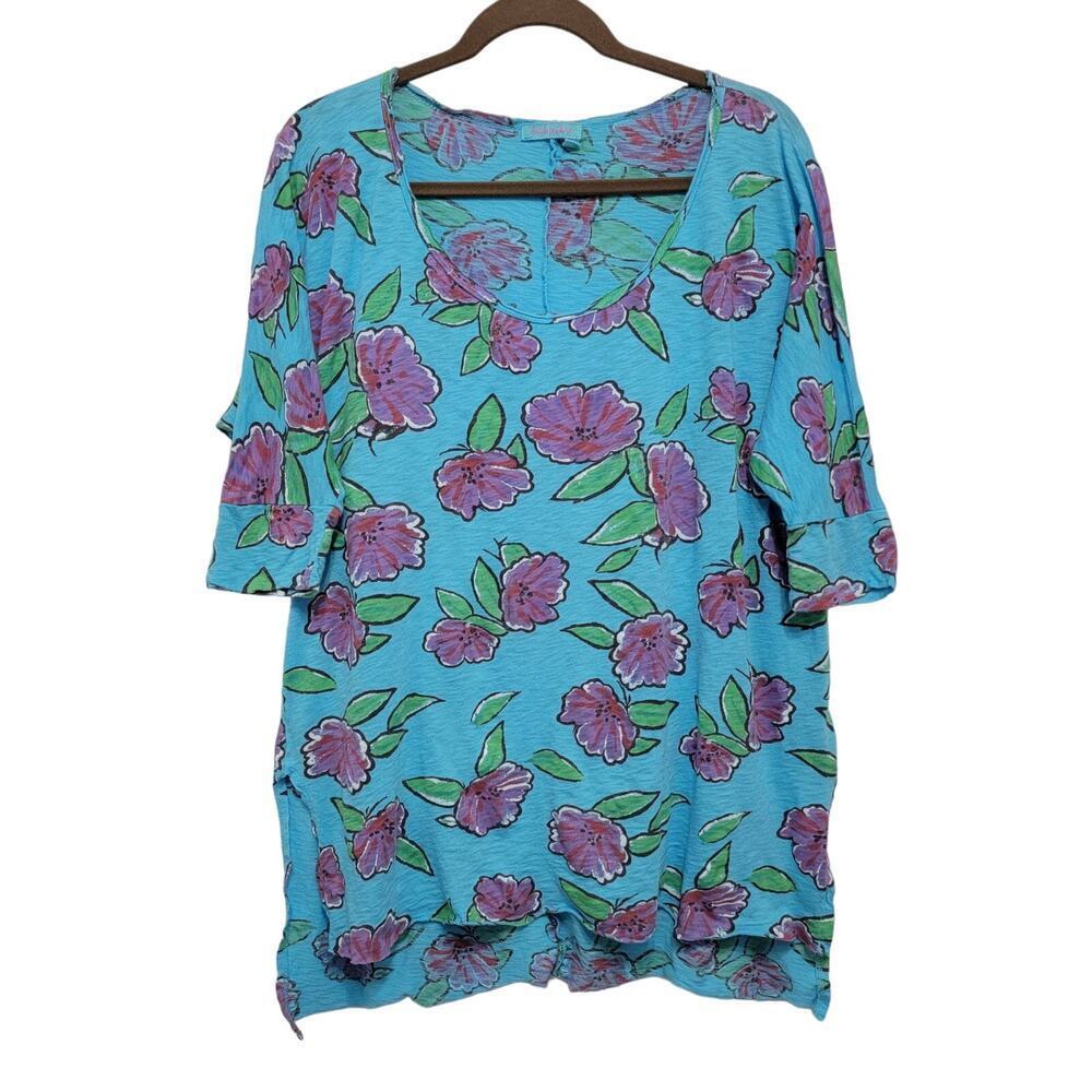 Fresh Produce Blue Purple Floral Art To Wear Dolman Top Raw Hem XS Coastal